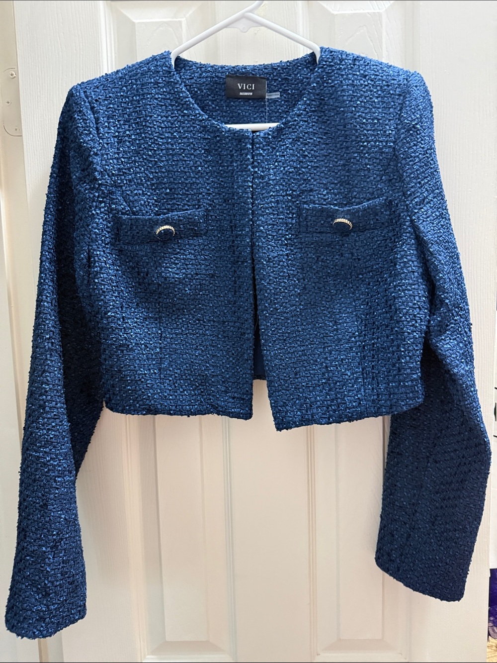 VICI Navy Textured Cropped Bouclé Blazer